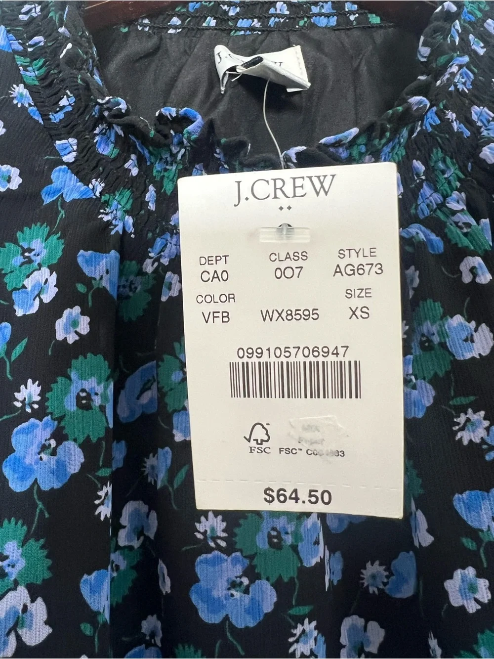 J. Crew Smocked Neck Blue Floral Long-Sleeve Women's Top